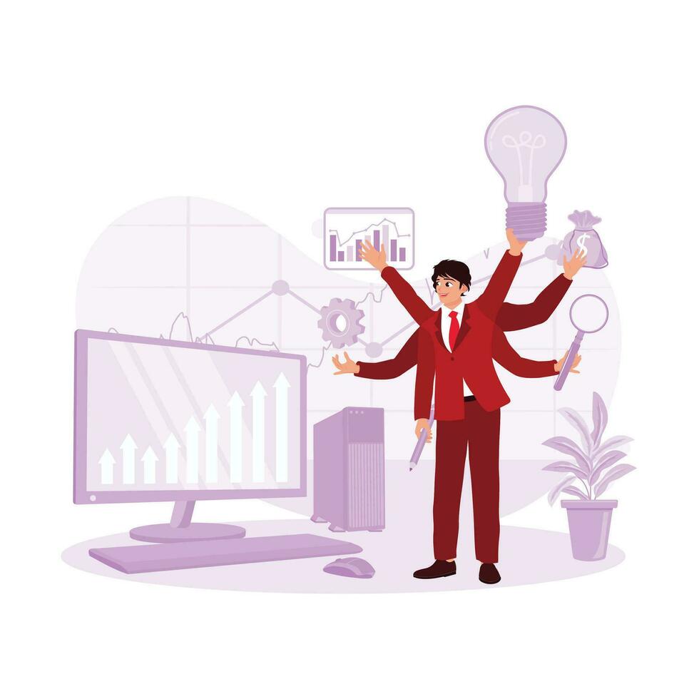 Businessman in a suit with many hands, working simultaneously in an office. Multitasking concept. Trend Modern vector flat illustration