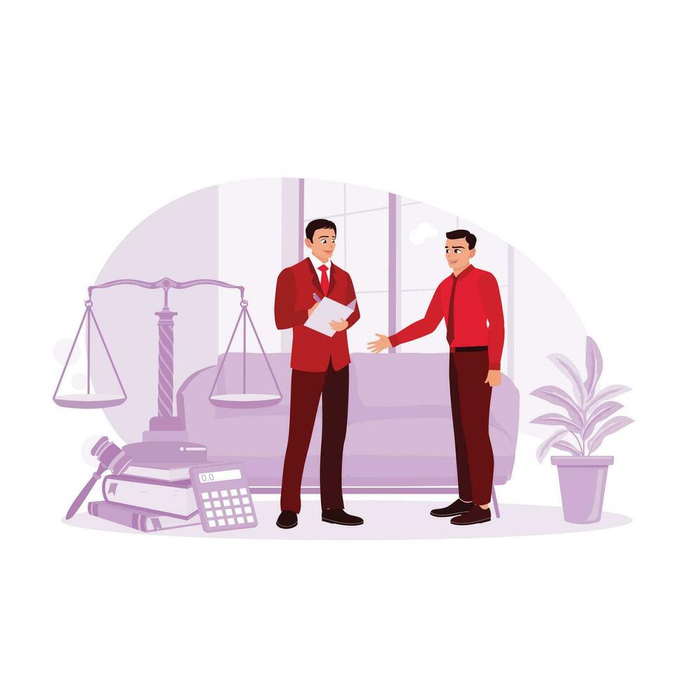 Businessman and lawyer man having meetings in the office and cooperating. Law concept. Trend Modern vector flat illustration