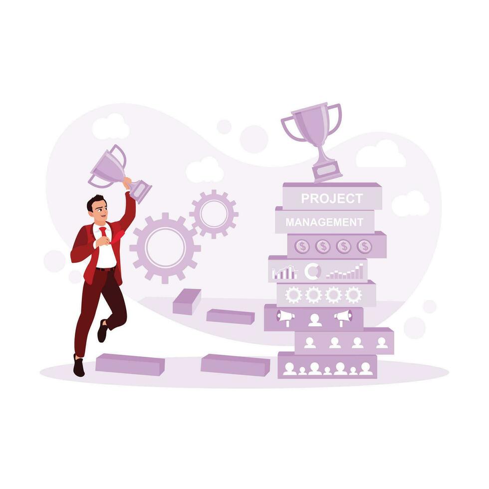 Businessman jumping and carrying a trophy in hand. Entrepreneurs achieve success. Project Management concept. Trend Modern vector flat illustration