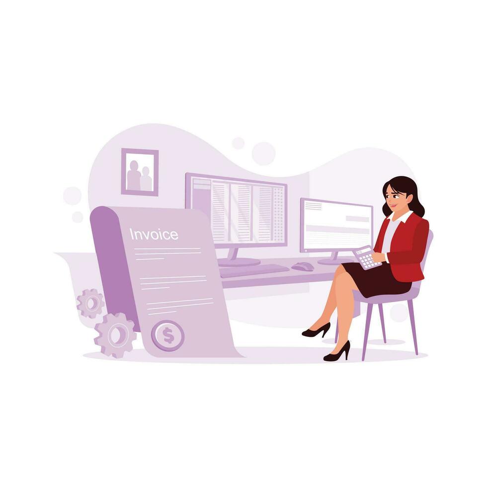 Female accountant calculating tax invoices online using a computer and calculator. Accounting concepts. Trend Modern vector flat illustration