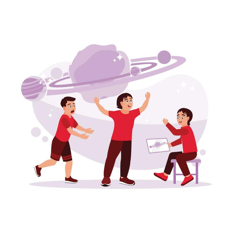 Three schoolchildren study the solar system using a Digital Tablet with Augmented Reality Software. Augmented Reality concept. Trend Modern vector flat illustration
