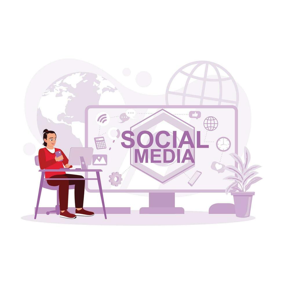 A man innovates social media and social networking technology on a laptop. Social Media concept. Trend Modern vector flat illustration