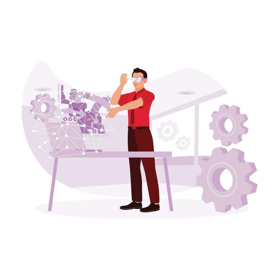 Computer Science Engineer wearing a Virtual Reality Headset Working with Hologram Visualization in the office. Augmented Reality concept. Trend Modern vector flat illustration