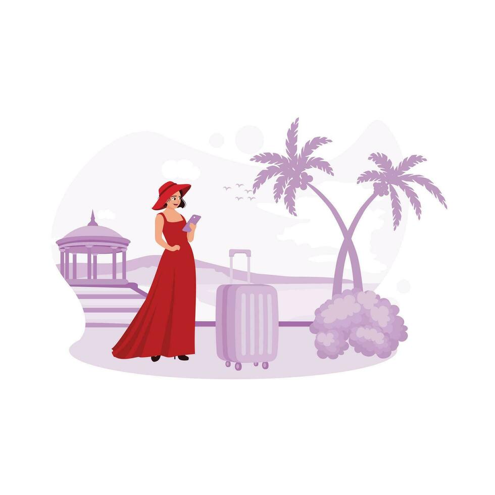 Woman traveler with suitcase enjoying the beauty of the sea view. Vacation Resort Travel concept. Trend Modern vector flat illustration