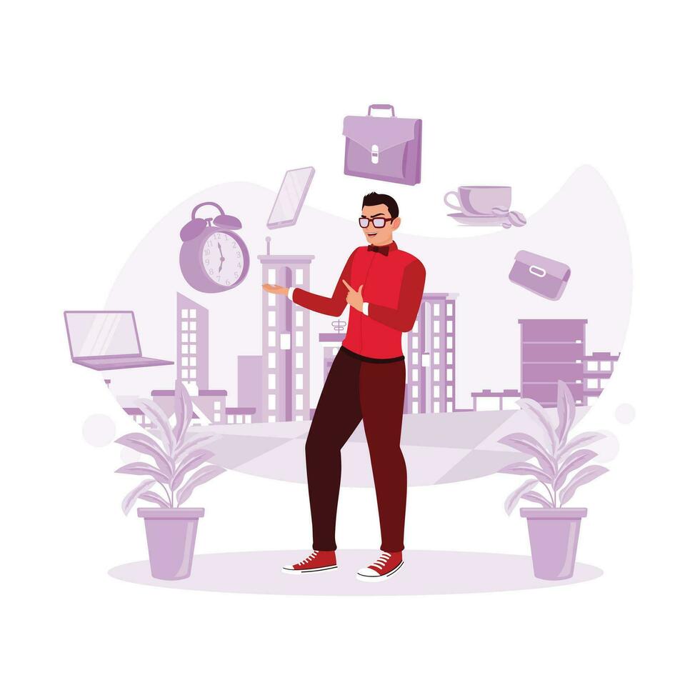 Young businessman in glasses playing with business items. View of the city behind him. Multitasking concept. Trend Modern vector flat illustration