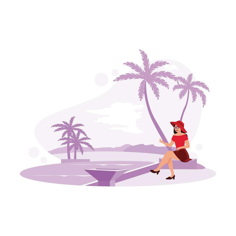 Young woman wearing glasses and sitting by the swimming pool, enjoying the beauty of the beach. Vacation Resort Travel concept. Trend Modern vector flat illustration