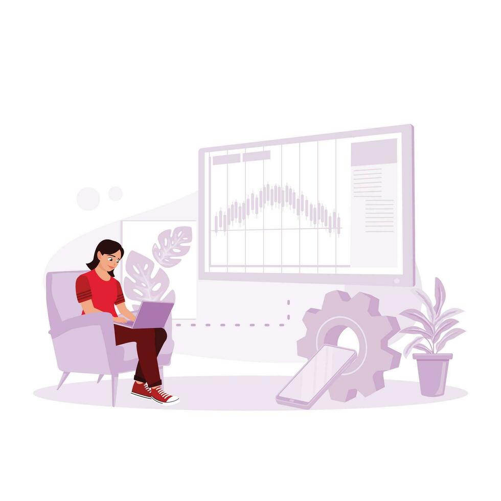 A businesswoman analyzes stock market graph indices via laptop at home. Financial Trading And Investing concept. Trend Modern vector flat illustration