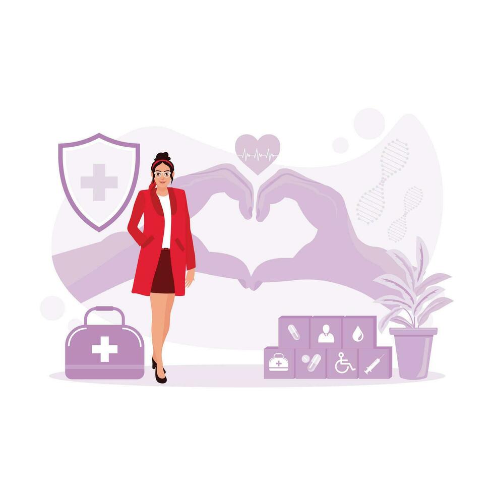 Female doctor in glasses standing in front of her hands with a heart symbol with medical icons beside her. Medical concept. Trend Modern vector flat illustration