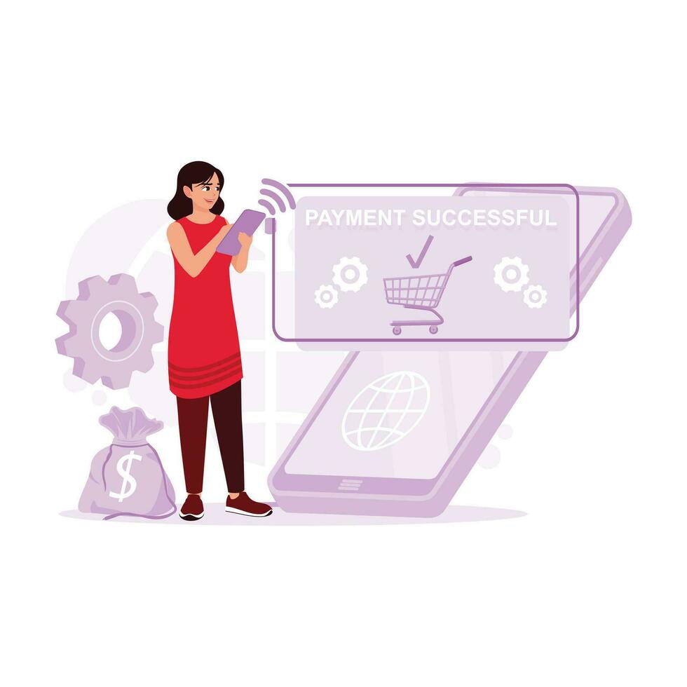 Women make online payments via smart phone online shopping. Digital Shopping concept. Trend Modern vector flat illustration