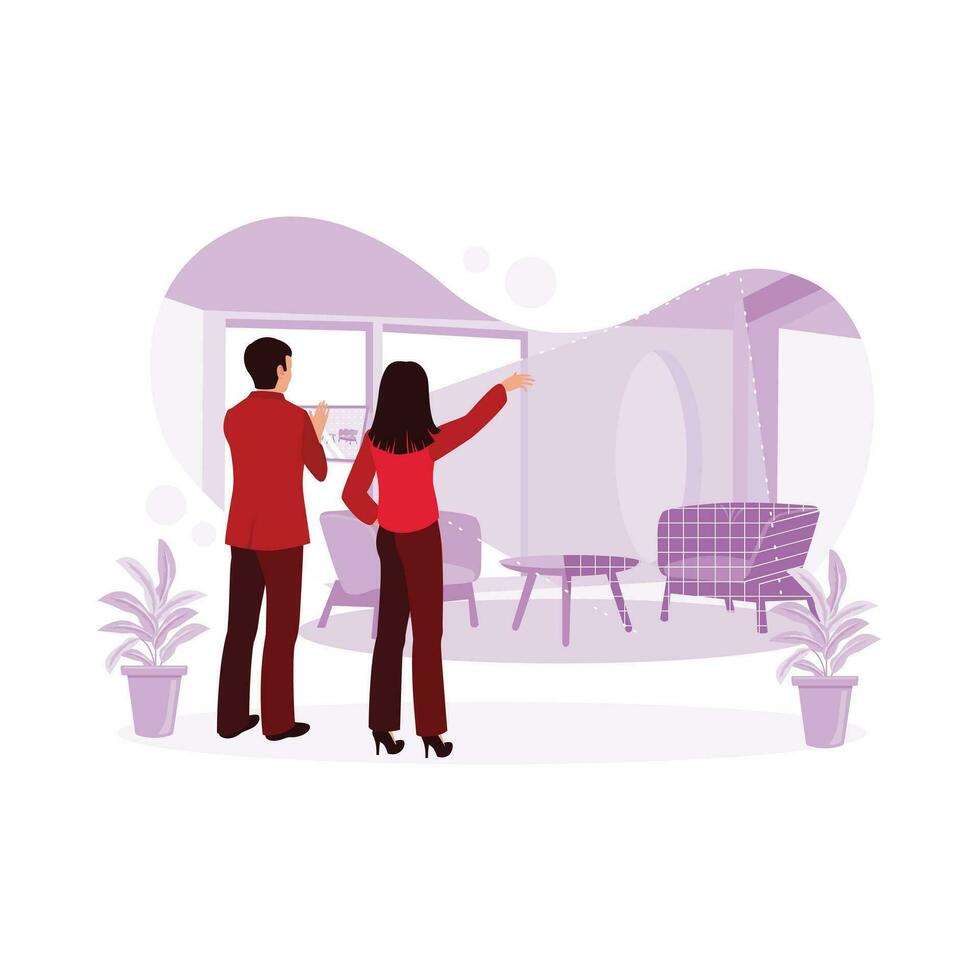 Young couple using a digital tablet with Augmented Reality Interior Design Software to organize room layout. Augmented Reality concept. Trend Modern vector flat illustration