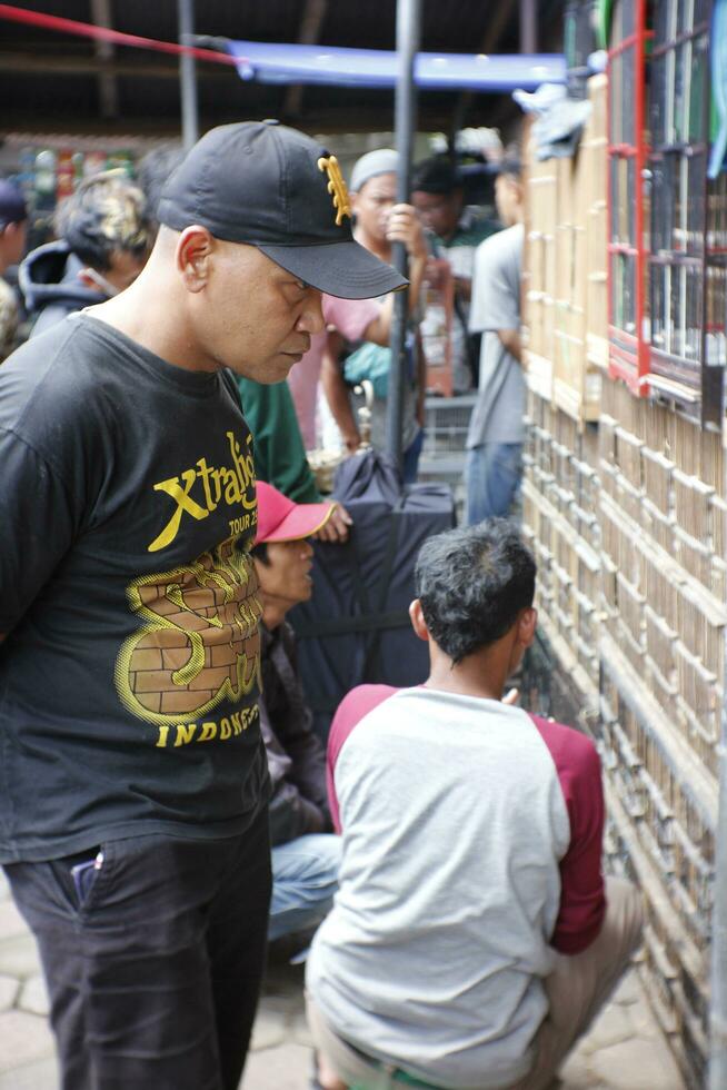 Magelang Indonesia, Feb 10-10-2023. Indonesian men looking birds in cage. Browse transactions in birds market. photo