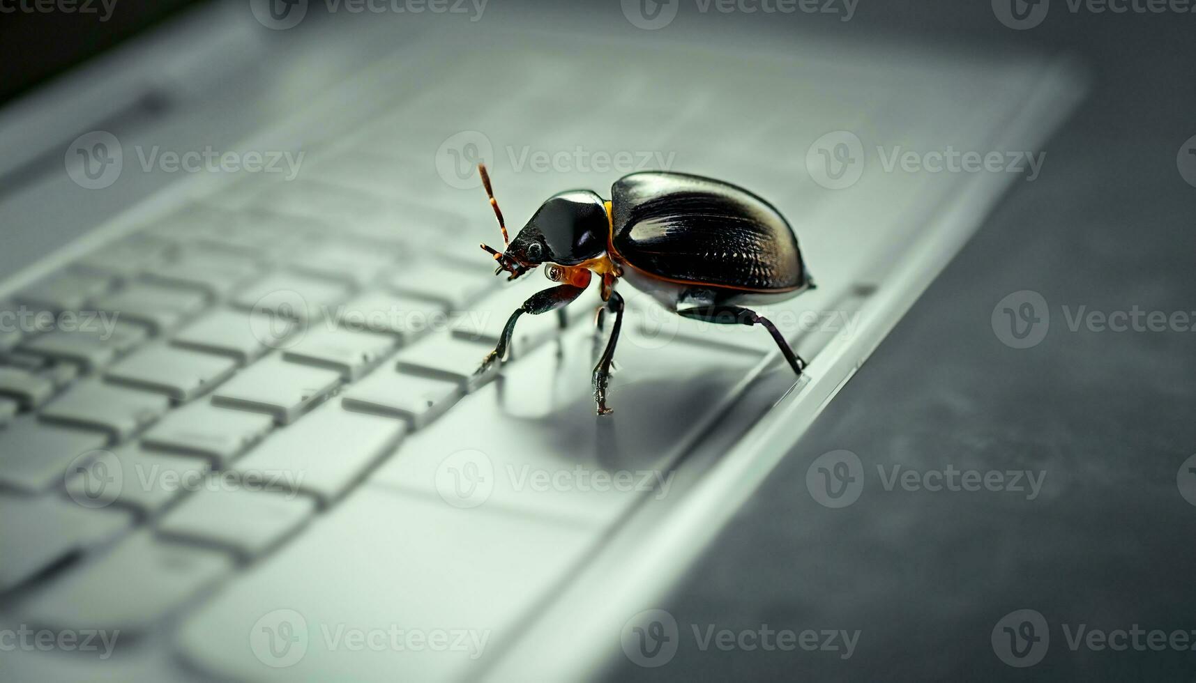 Beetle attacks and destroys electronics. Concept of computer virus and malicious software code. AI Generated photo