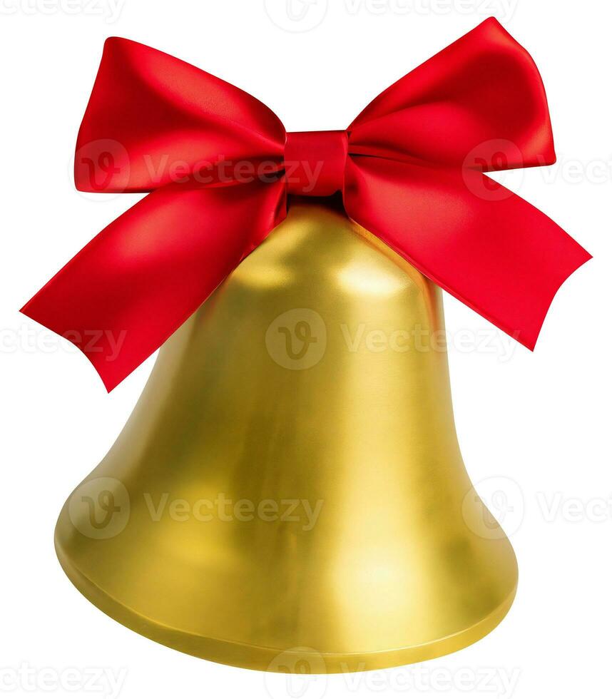 Golden glossy cut out bell with red bow AI Generated photo