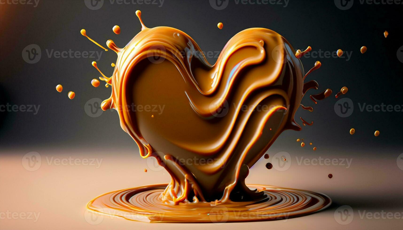 Delicious melted caramel heart. Flow, wave and drops splash caramels sauce. Love sweets food design. AI Generative photo