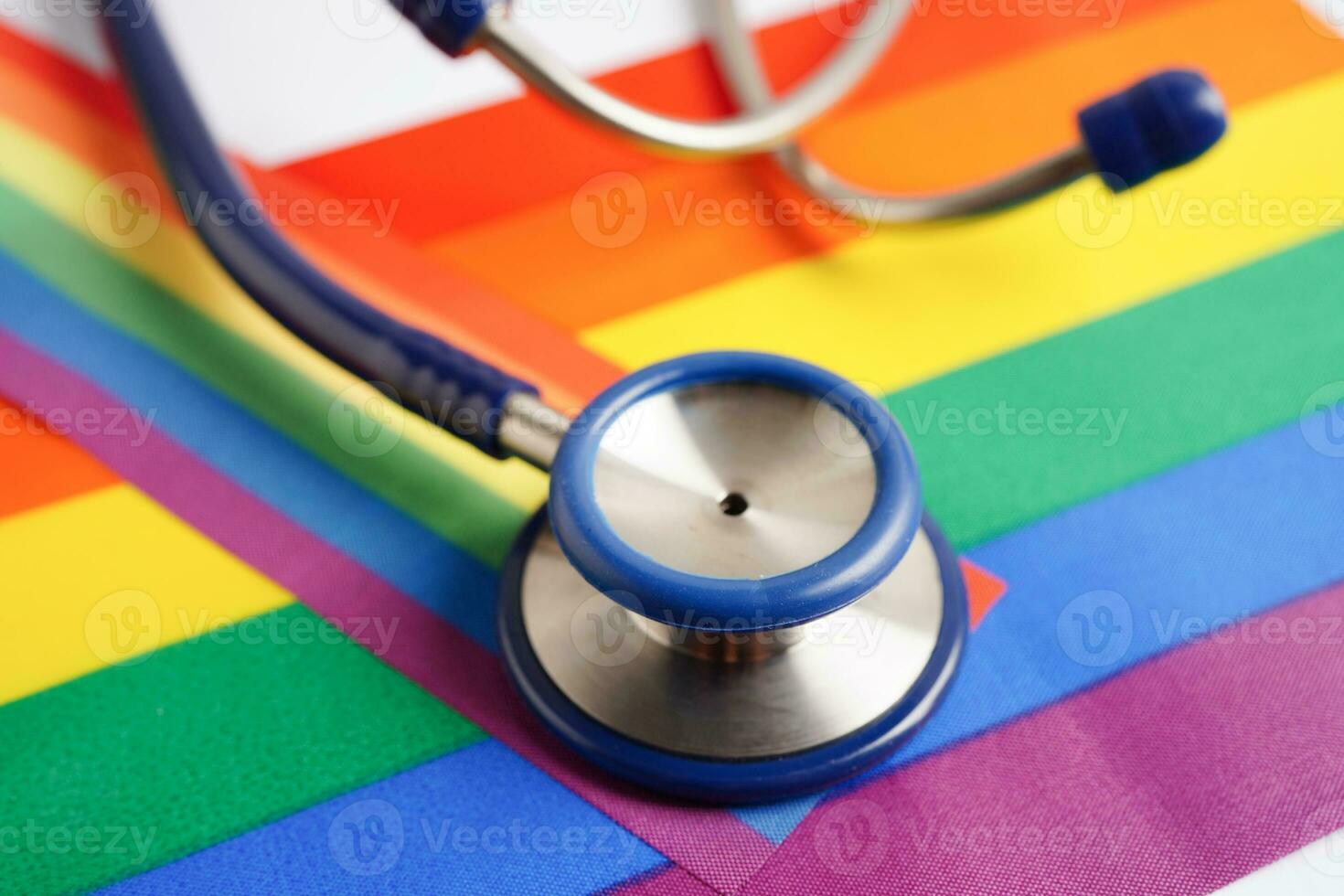 LGBT symbol, Stethoscope with rainbow ribbon, rights and gender equality, LGBT Pride Month in June. photo