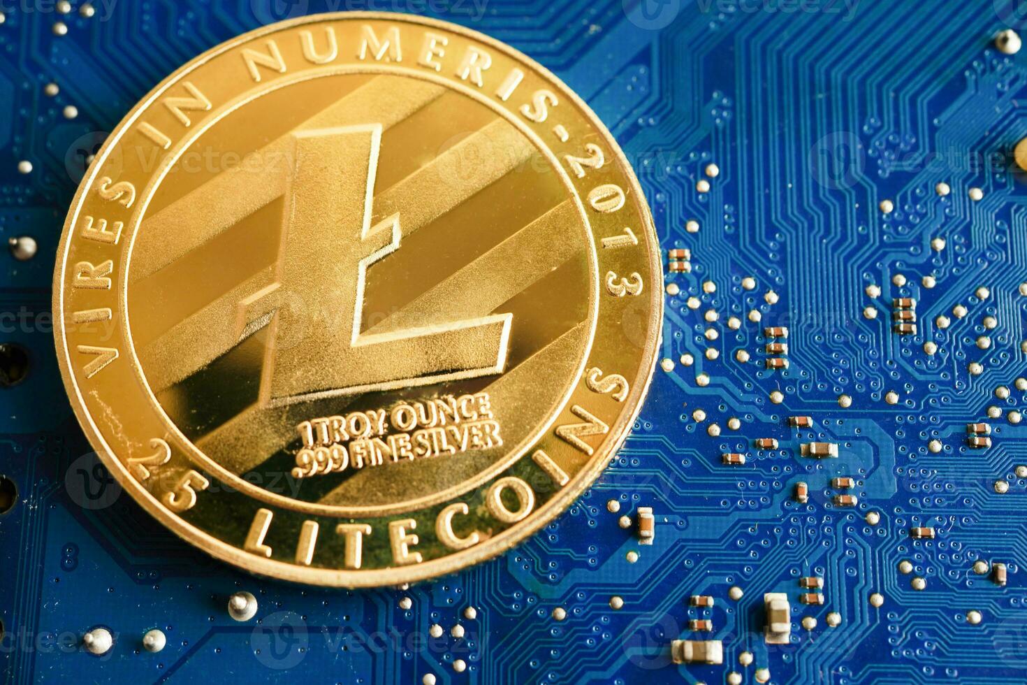 Golden bitcoin on circuit mainboard computer for business and commercial, Digital currency, Virtual cryptocurrency. photo