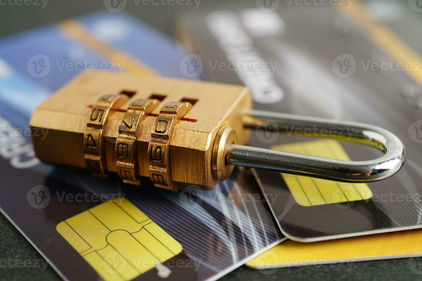 Credit card with password key lock, security finance business concept. photo