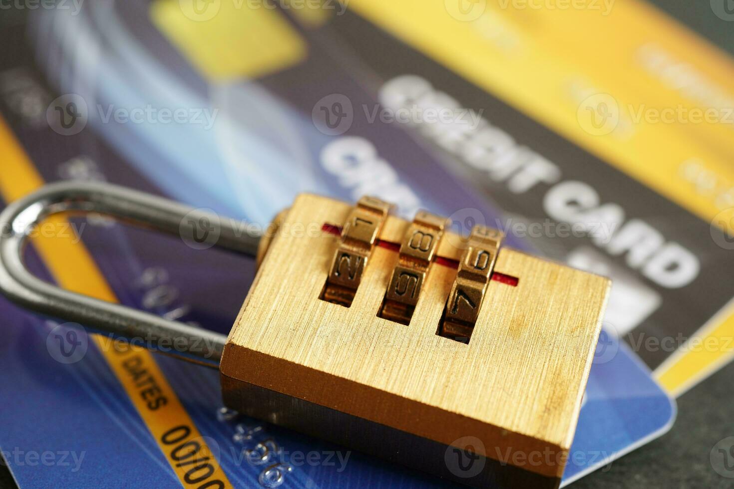 Credit card with password key lock, security finance business concept. photo