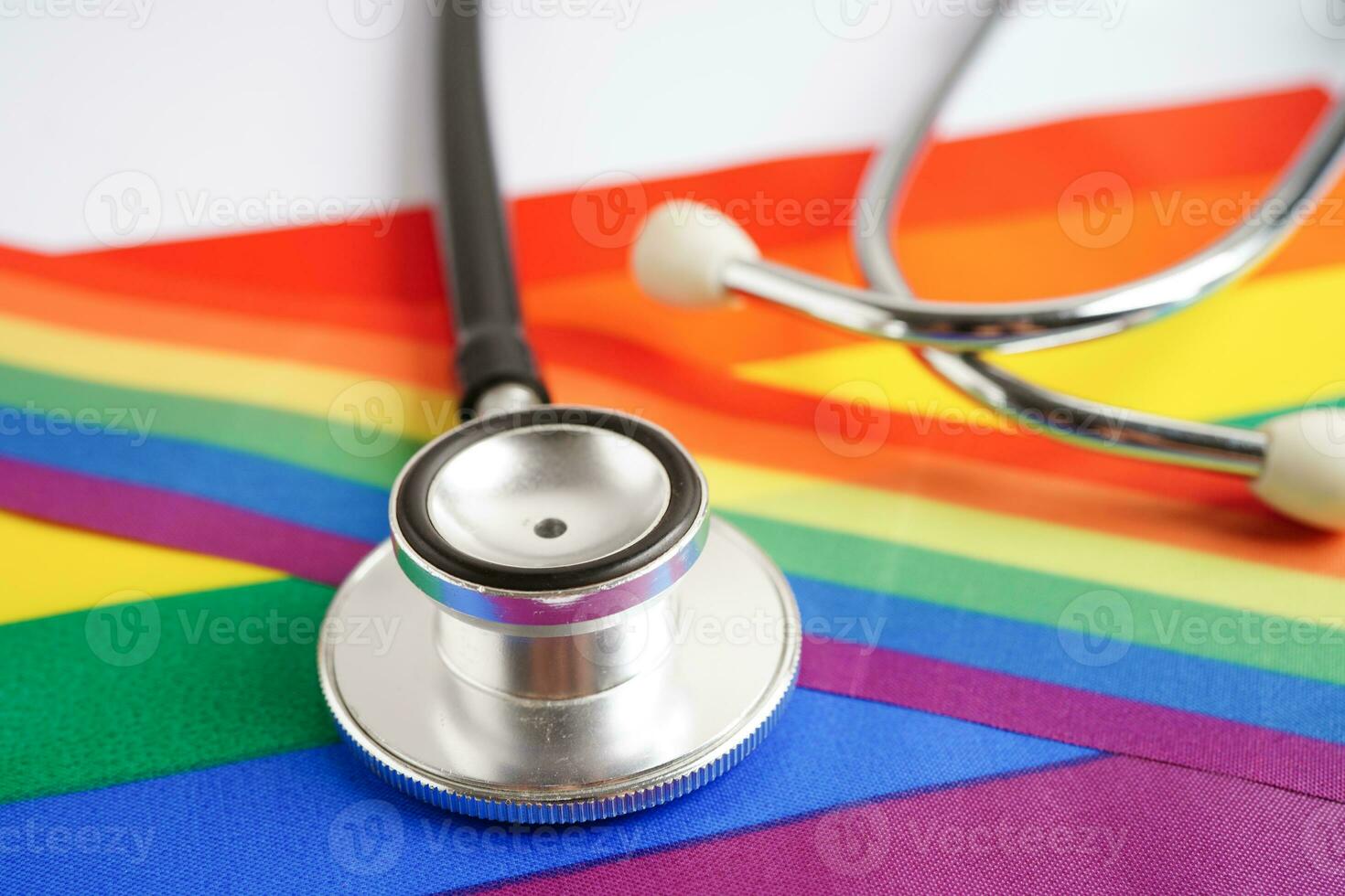 LGBT symbol, Stethoscope with rainbow ribbon, rights and gender equality, LGBT Pride Month in June. photo