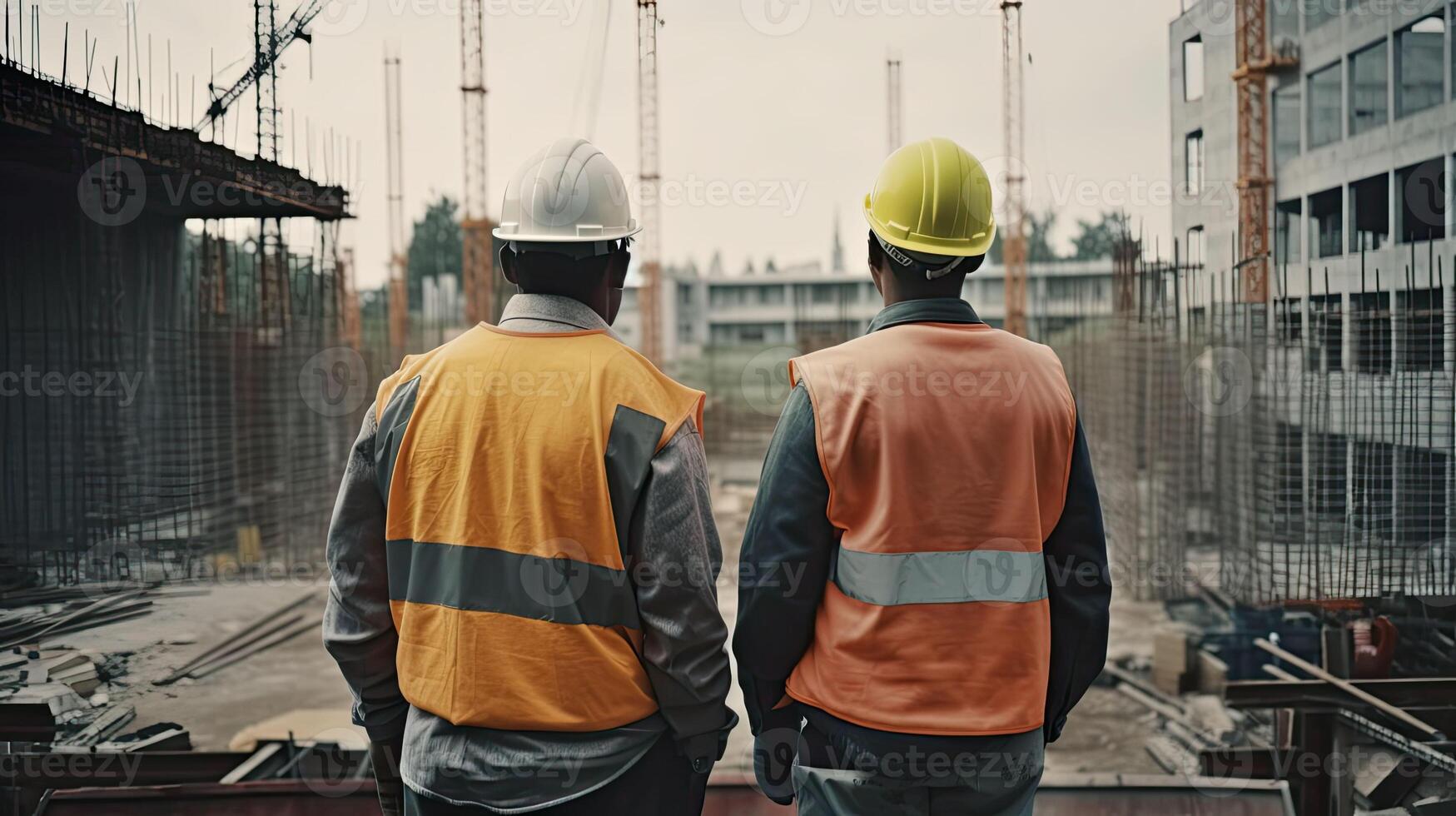 Two workers, rear view, on construction site. Engineers in protective uniforms and helmets at work. Construction of buildings, created with Generative AI Technology photo