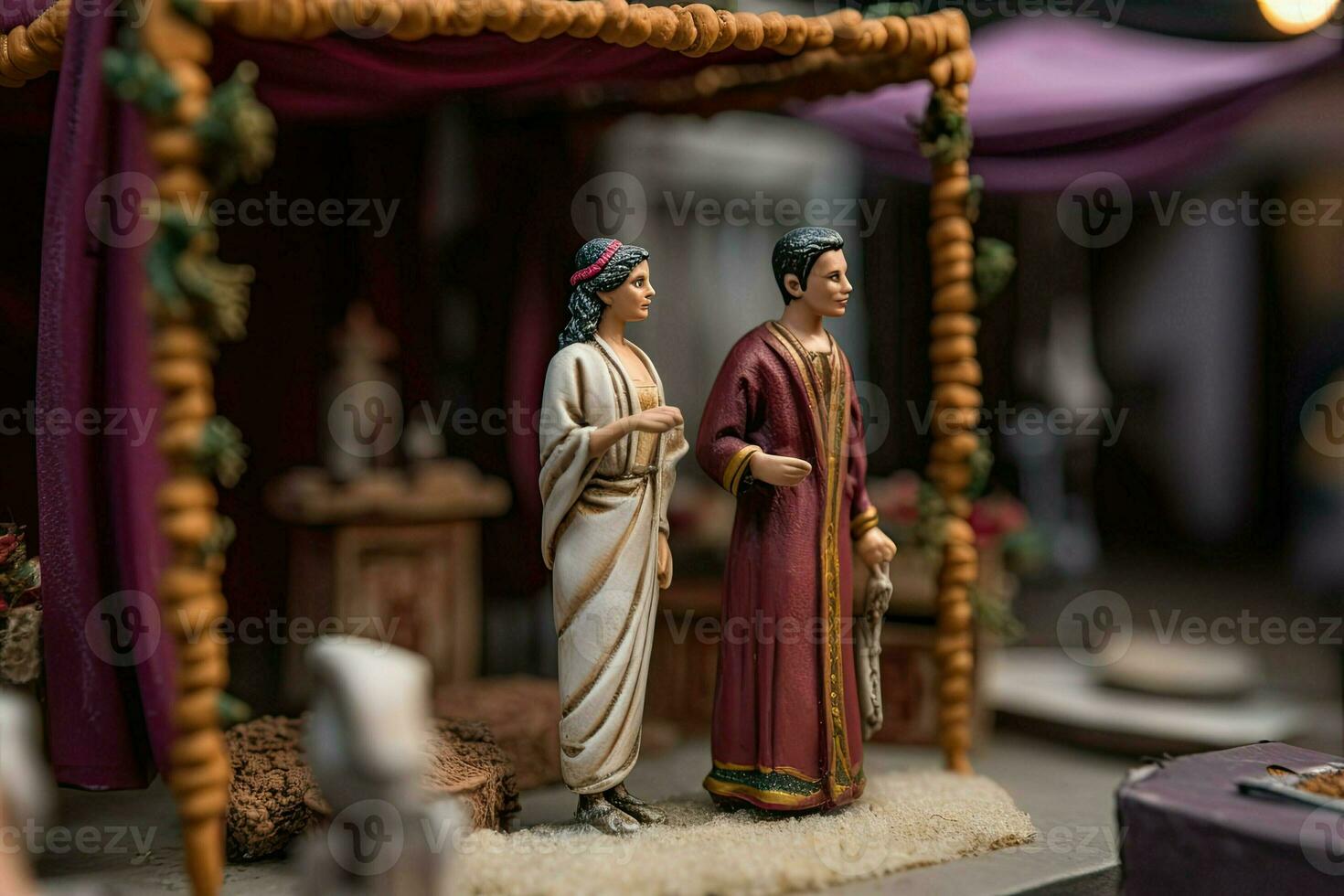 Miniature two people in love in ancient Roman clothes or togas. Toy little husband and wife in retro vintage style. Residents of the ancient imperial city reated with Generative AI Technology photo