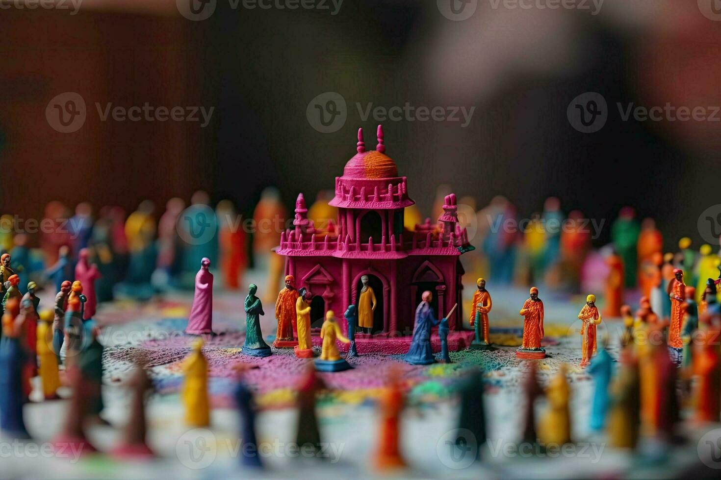 Indian holiday holi diorama. Miniature Colored people with paints celebrate the Hindu beginning of spring. Bright colorful concept created with Generative AI Technology photo