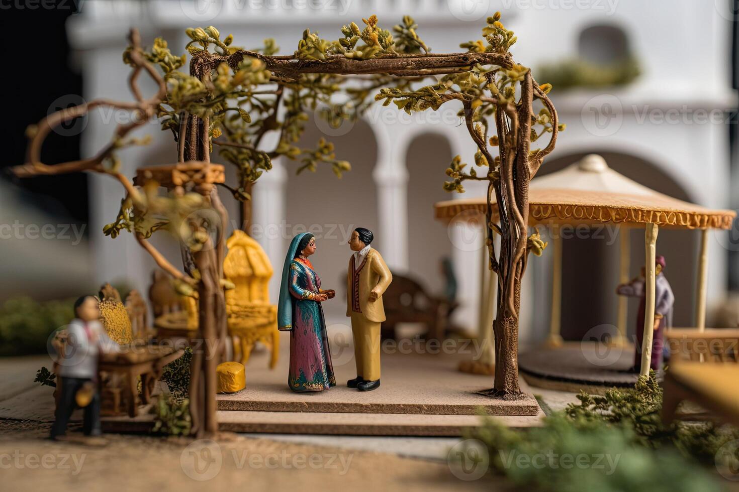 Traditional Indian wedding. Miniature Husband and wife in national outfits. Indian culture, man and woman created with Technology photo