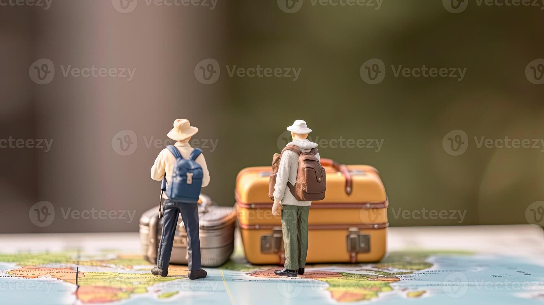 Miniature tourist stands at geographical map. Little toy man. Vacation of traveler and explorer. Concept for travel company and weekend created with Generative AI Technology photo