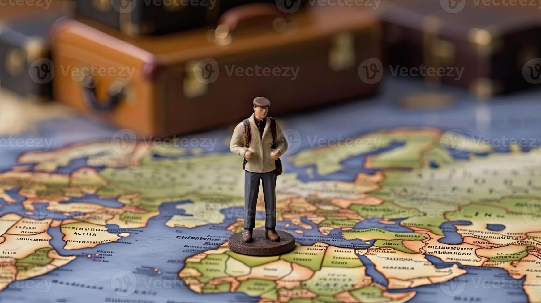 Miniature tourist stands at geographical map. Vacation of traveler and explorer. Concept for travel company and weekend. Little toy man created with Generative AI Technology photo