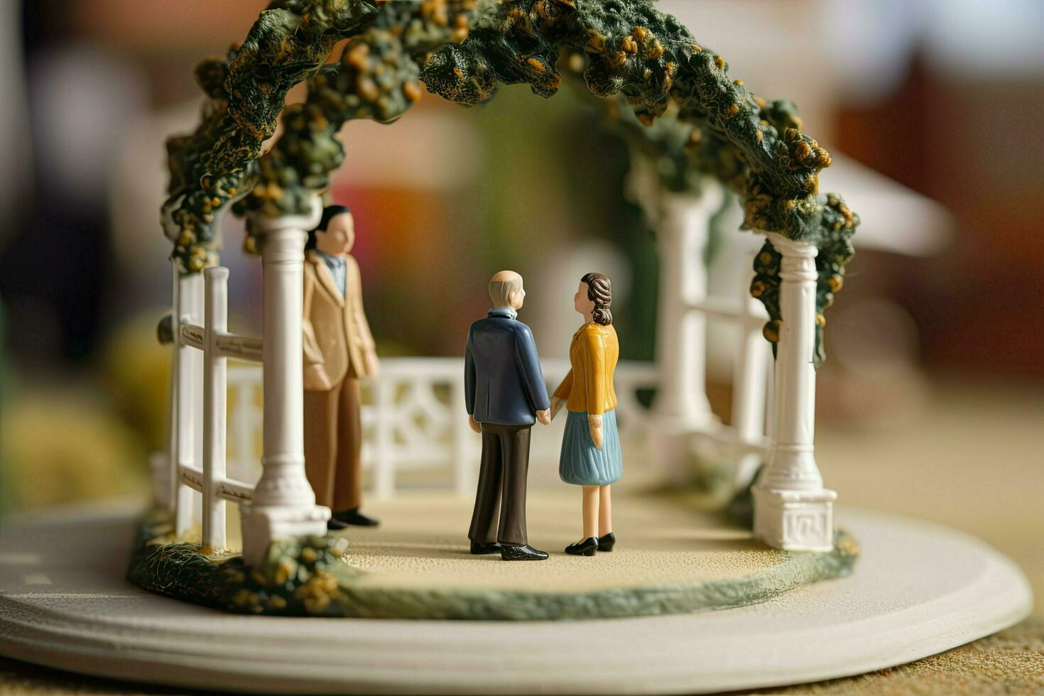 miniatura figura de recién casados. marido y esposa en Boda atuendo. arco y decoraciones con flores contento pequeño juguete hombre y mujer creado con generativo ai tecnología foto