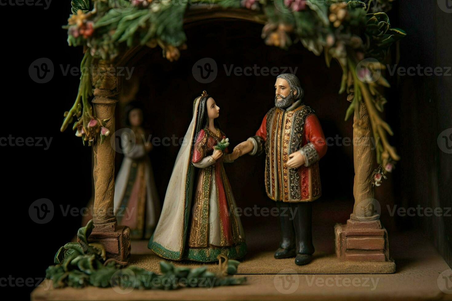 Miniature two lovers of a man in medieval clothes. Toy little husband and wife in retro vintage style. Residents of the ancient city created with Generative AI Technology photo