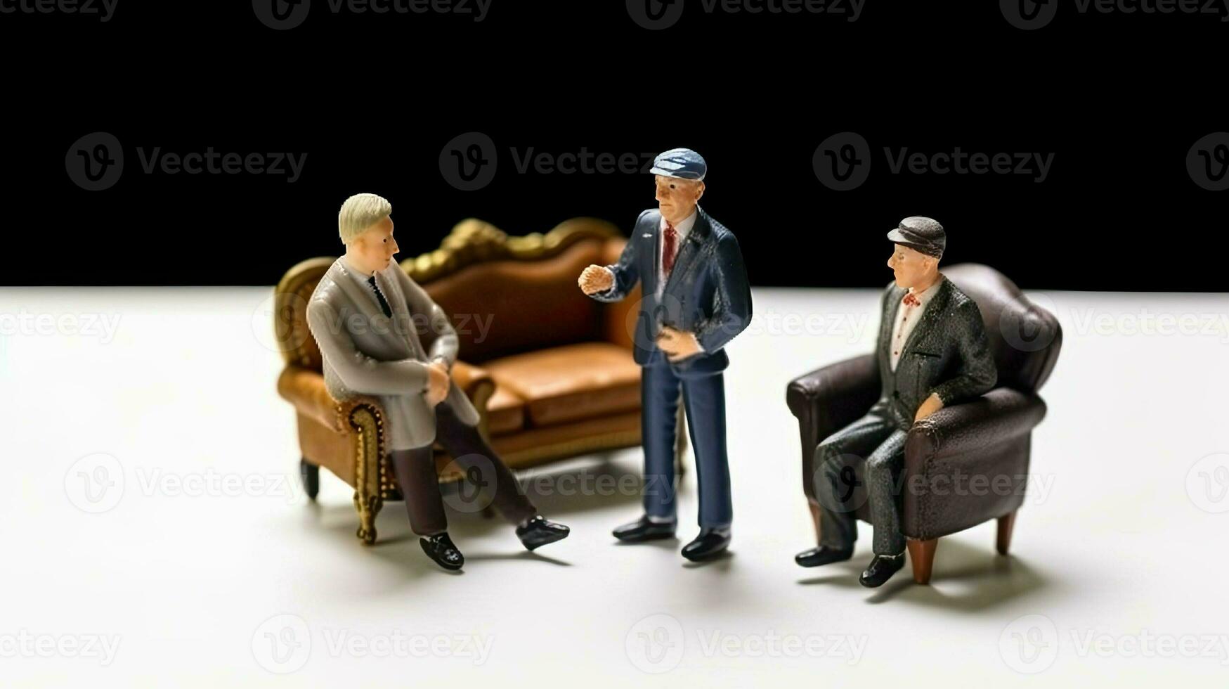 Miniature group of businessmen. Little toy men in office suits on classic luxury armchair. Concept of concluding deals, contracts and negotiations created with Generative AI Technology photo