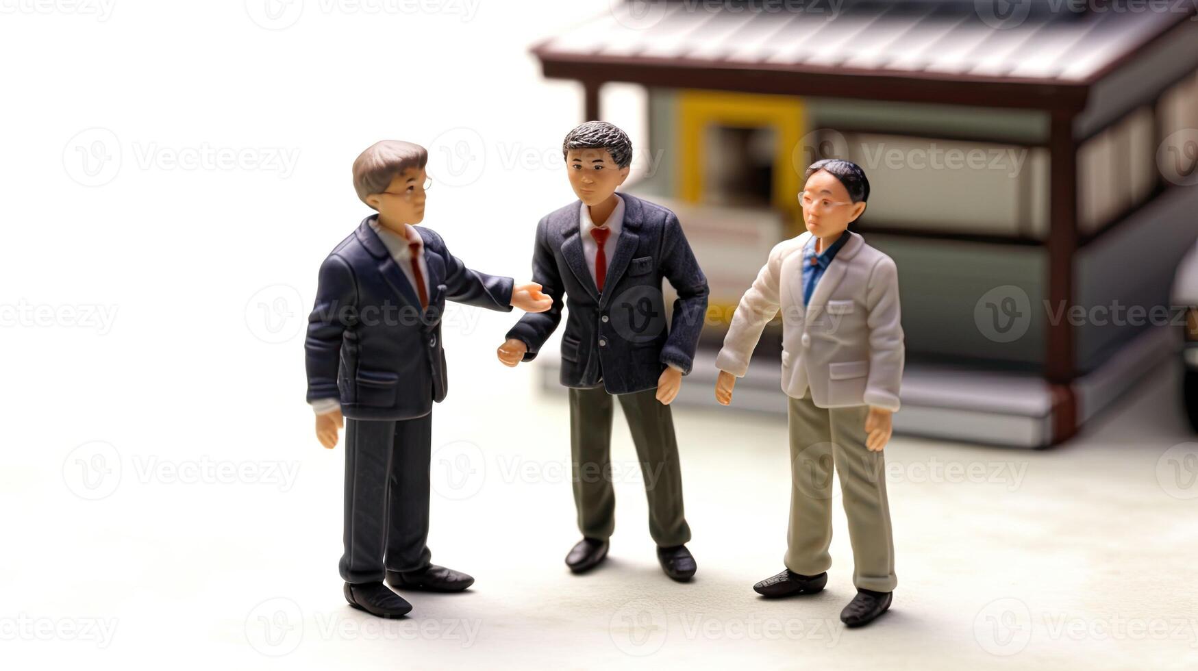 Young businessmen and financial negotiations. Small toy group of people in miniature style. Business team concept created with Technology photo