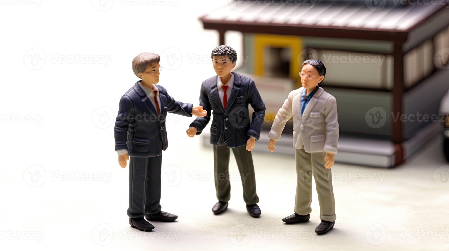 Young businessmen and financial negotiations. Small toy group of people in miniature style. Business team concept created with Generative AI Technology photo