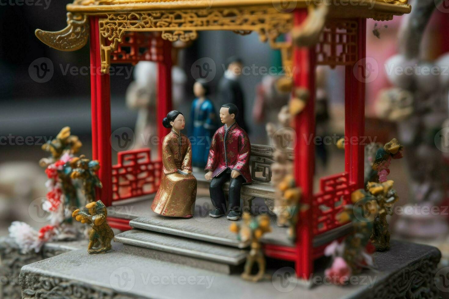 Chinese wedding in miniature style. Husband and wife in traditional Chinese clothes. Concept of love, tradition, family and relationships. Asian man and woman created with Generative AI Technology photo