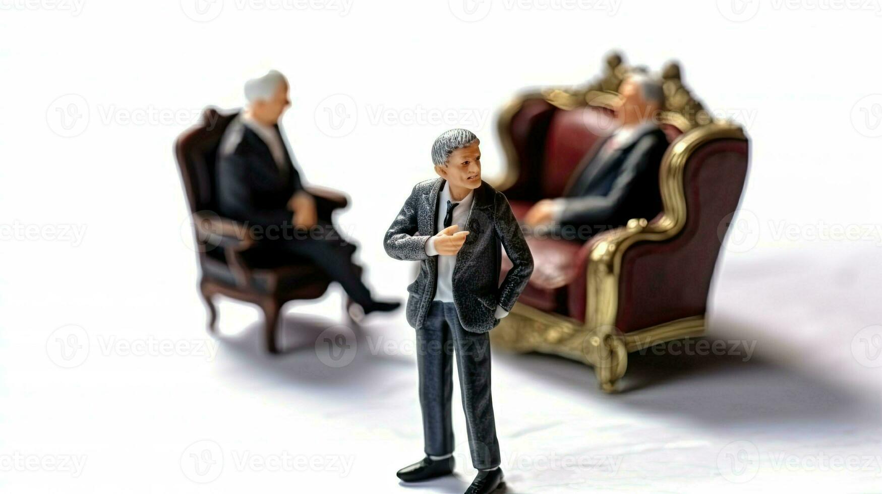 Miniature group of businessmen. Little toy men in office suits on classic luxury armchair. Concept of concluding deals, contracts and negotiations created with Generative AI Technology photo