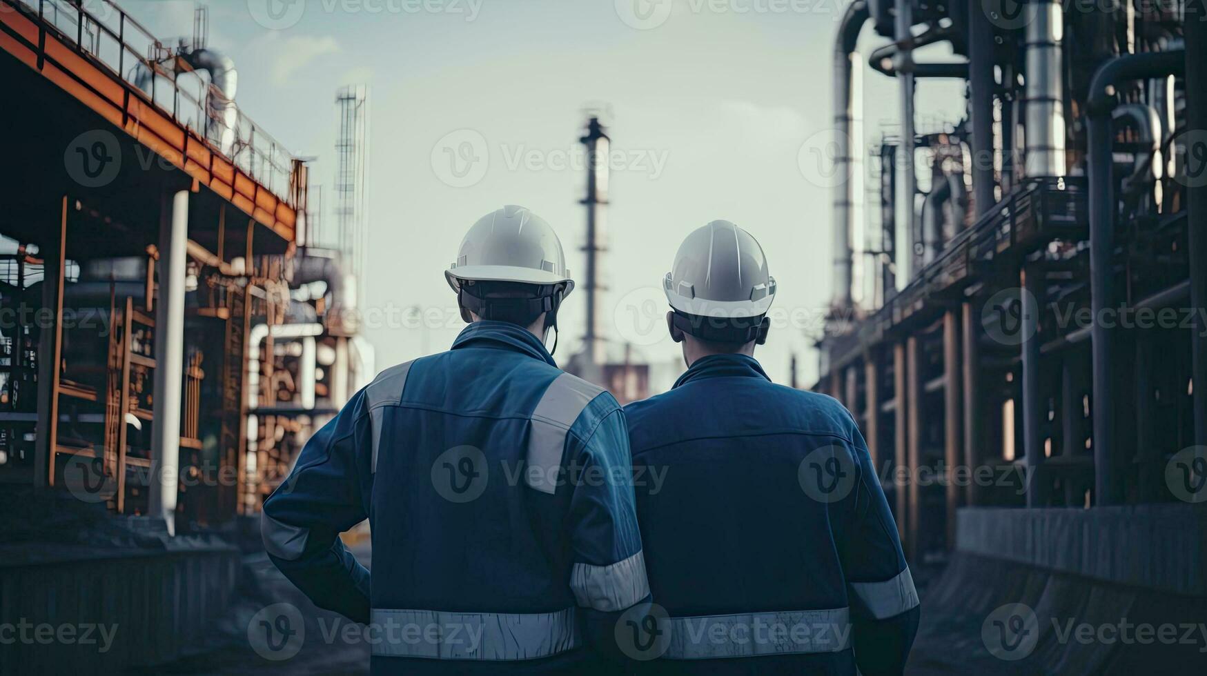 Two workers, rear view, at an oil refinery. Industrial pipes in the background. Engineers in working uniforms control the process, reated with Generative AI Technology photo