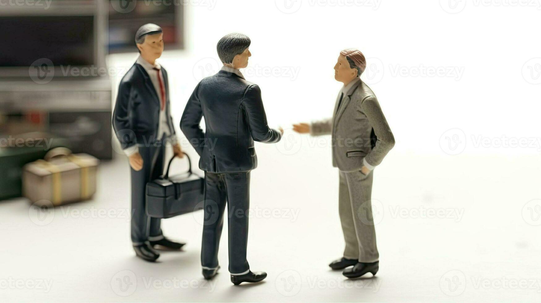 Meeting of businessmen or politicians in miniature style. Little toy Men in office suits. Concept of financial interaction and economic partnership created with Generative AI Technology photo