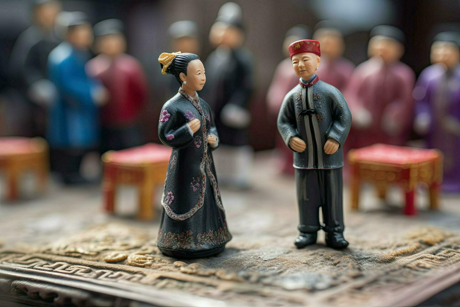 Chinese wedding in miniature style. Husband and wife in traditional Chinese clothes. Concept of love, tradition, family and relationships. Asian man and woman created with Generative AI Technology photo