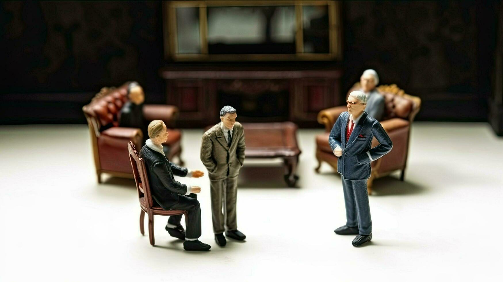 miniatura grupo de empresarios. pequeño juguete hombres en oficina trajes en clásico lujo sillón. concepto de concluyendo ofertas, contratos y negociaciones creado con generativo ai tecnología foto