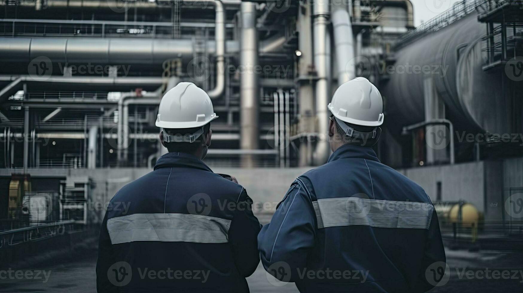 Two workers, rear view, at an oil refinery. Industrial pipes in the background. Engineers in working uniforms control the process, reated with Generative AI Technology photo