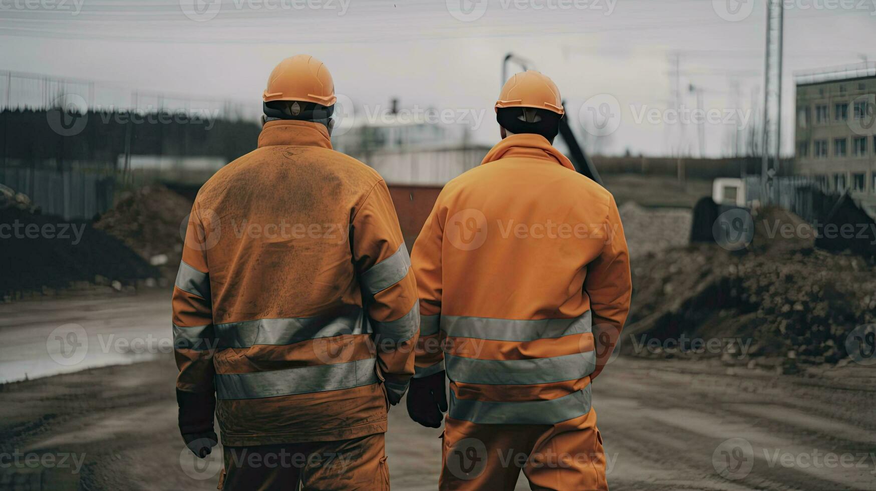 Two workers, rear view, on construction site. Engineers in protective uniforms and helmets at work. Construction of buildings, created with Generative AI Technology photo