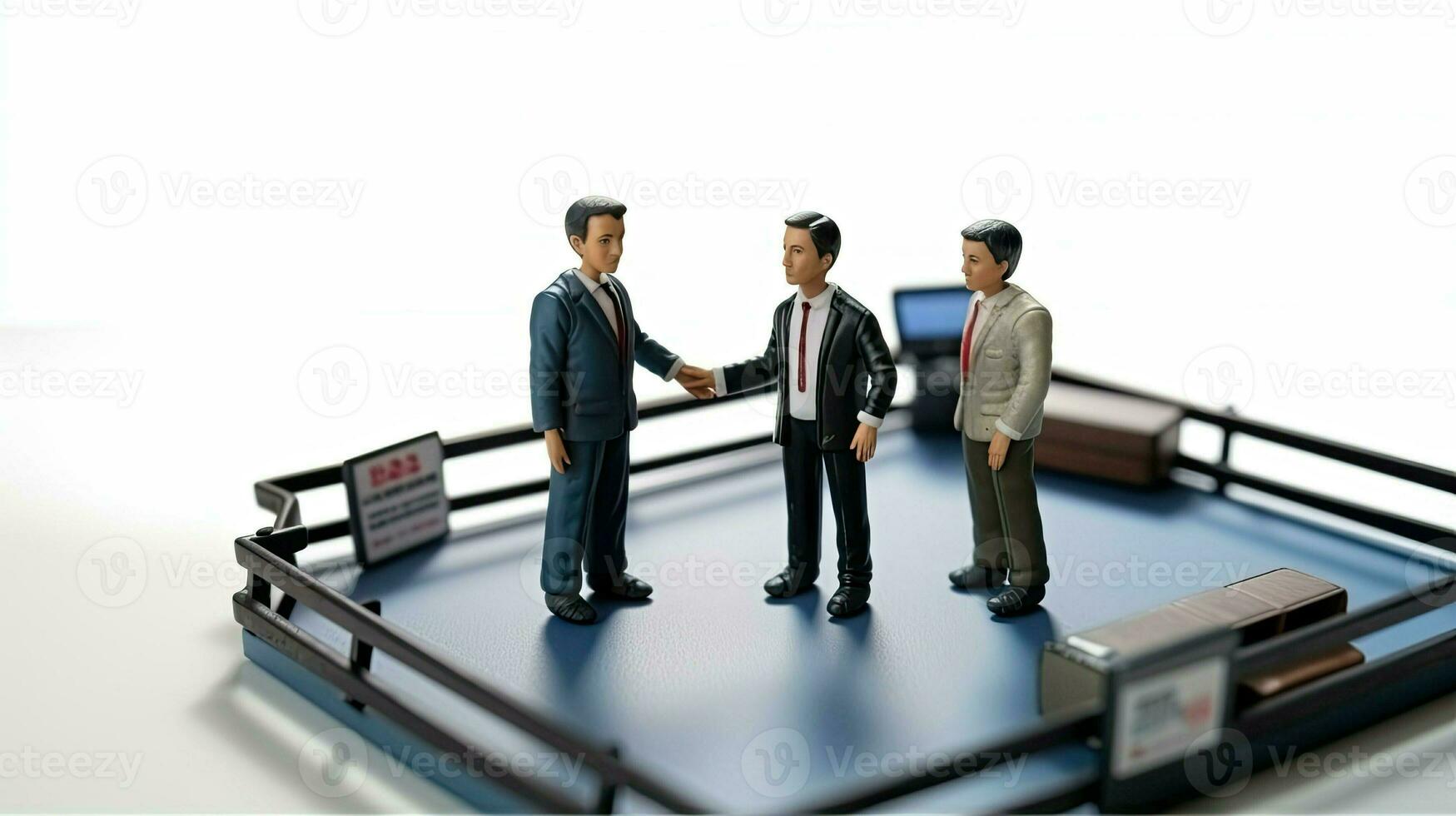 Businessmen in boxing ring in miniature style. Debates and the conclusion of financial contracts. Concept of competition, business. Little toy men created with Generative AI Technology photo