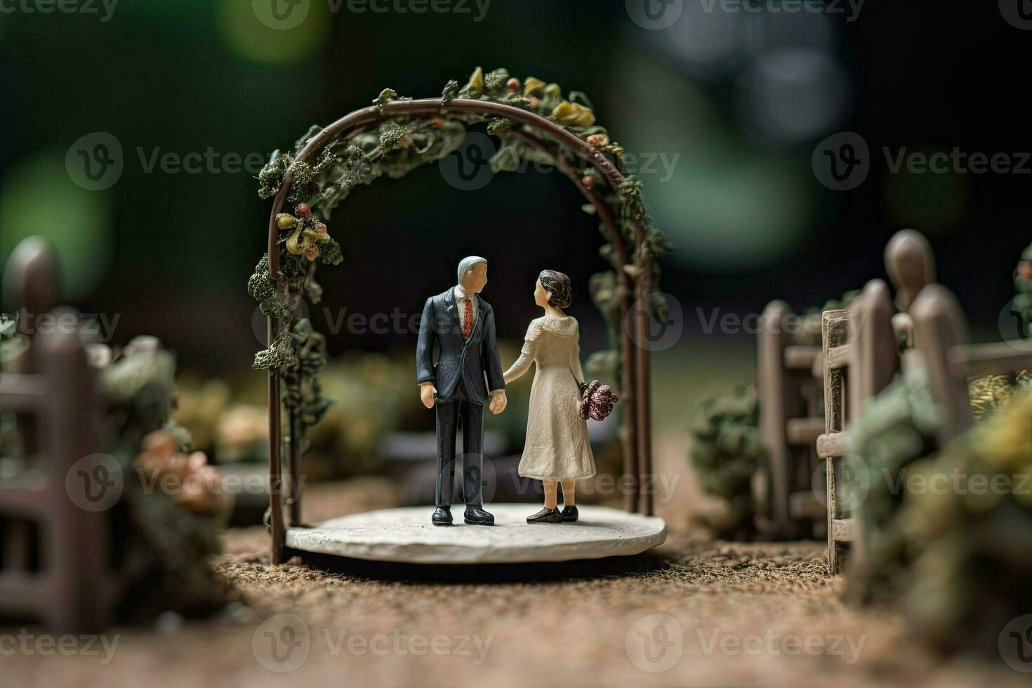 Miniature figure of newlyweds. Husband and wife in wedding attire. Arch and decorations with flowers. Happy little toy man and woman created with Generative AI Technology photo