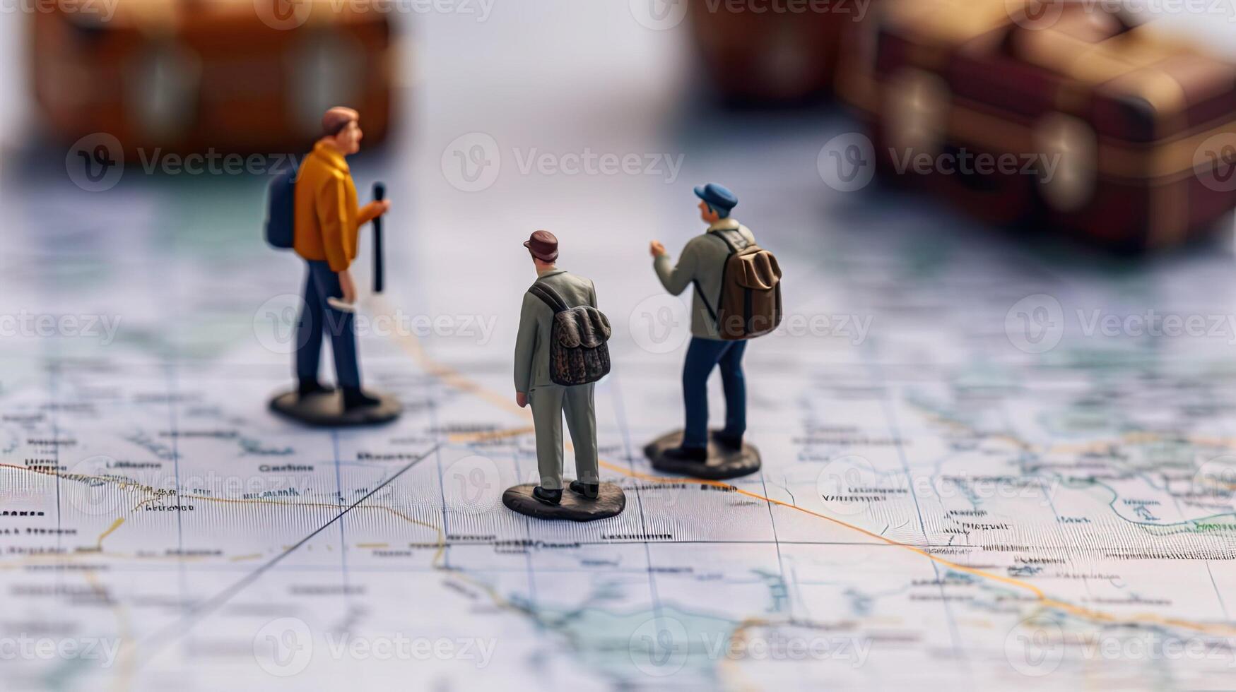 Miniature tourists stand on world map. Group of little toy travelers. Concept of travel, recreation and vacations created with Technology photo