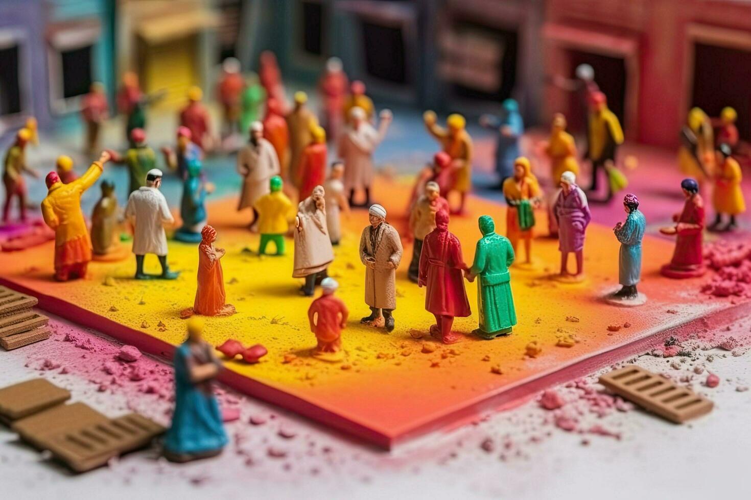 Indian holiday holi diorama. Miniature Colored people with paints celebrate the Hindu beginning of spring. Bright colorful concept created with Generative AI Technology photo