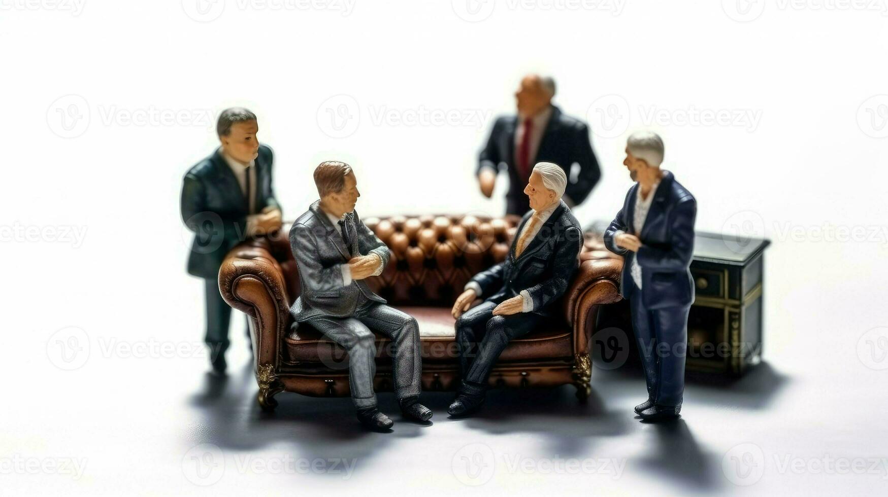 Miniature group of businessmen. Little toy men in office suits on classic luxury armchair. Concept of concluding deals, contracts and negotiations created with Generative AI Technology photo