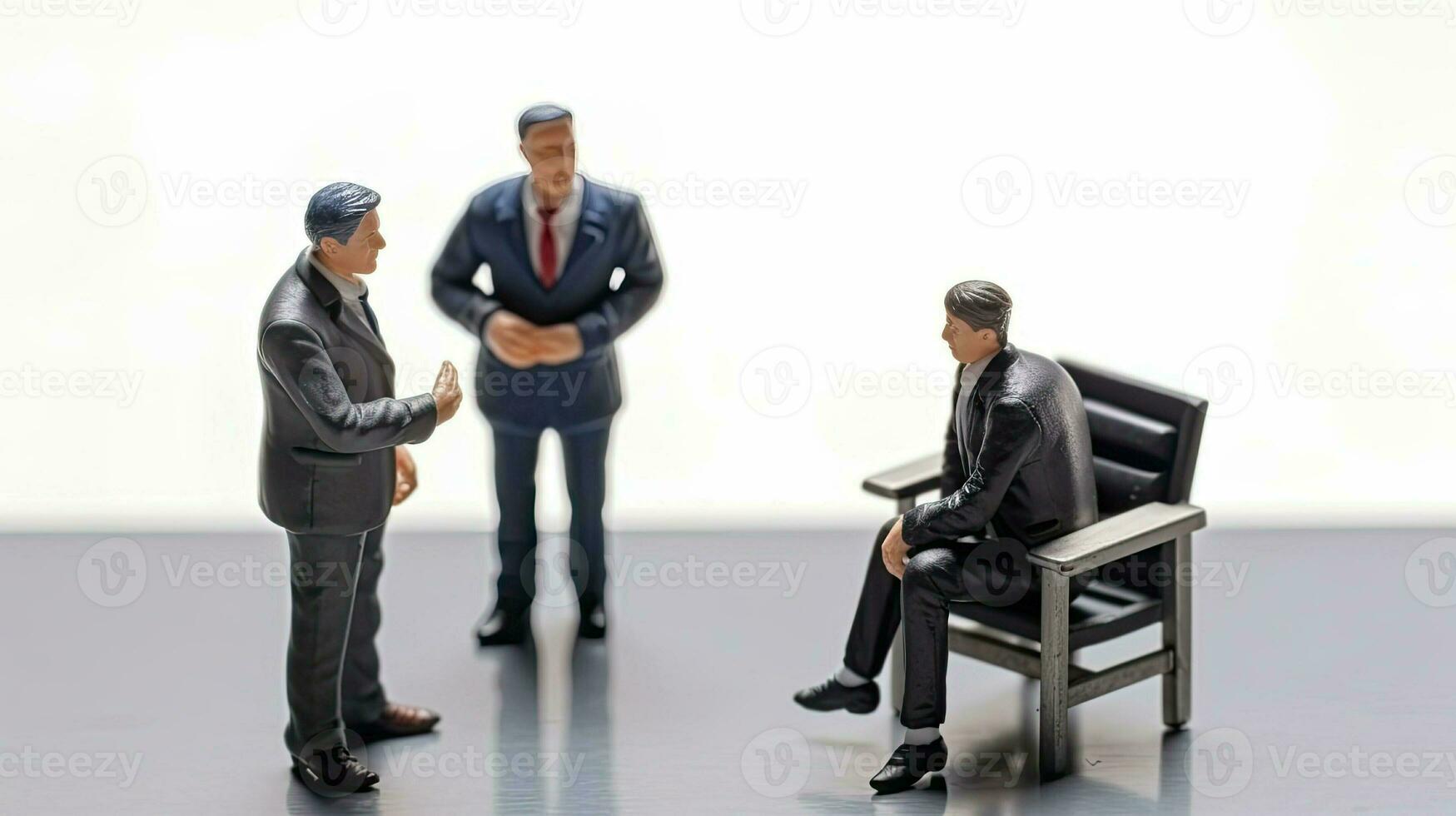 Miniature group of businessmen. Little toy men in office suits. Business and diplomacy. Concept of concluding deals, contracts and negotiations created with Generative AI Technology photo