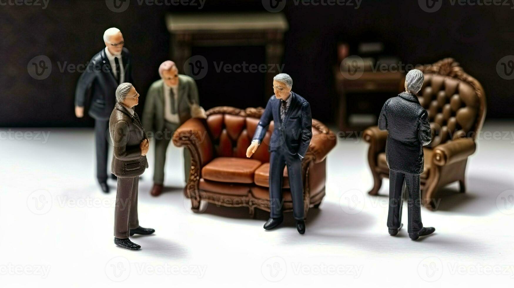Miniature group of businessmen. Little toy men in office suits on classic luxury armchair. Concept of concluding deals, contracts and negotiations created with Generative AI Technology photo
