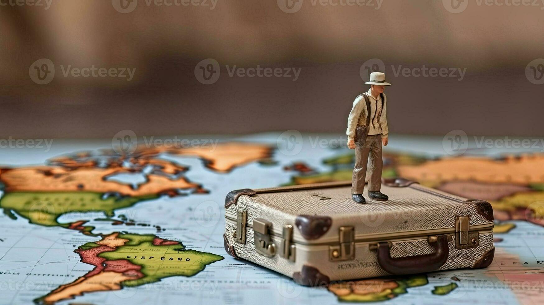 Miniature tourist stands at geographical map. Vacation of traveler and explorer. Concept for travel company and weekend. Little toy man created with Generative AI Technology photo